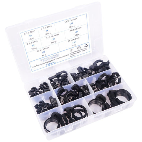Heavy Duty Ratcheting Hose Clamp Set 6.1 To 26.1 Mm Adjustable Nylon Plastic Double Snap Grip 8 Size Kit With 68 Pieces