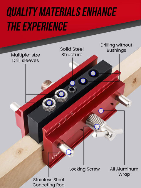 Self Centering Doweling Jig Kit With 6 Drill Guide Bushings For Precise Straight Holes, Pro Grade Build With Heavy Duty Aluminum Sides And 40CR Plate, Steel Screws, Built To Last, Ideal For Cabinetry And Woodworking Projects on a wooden plank