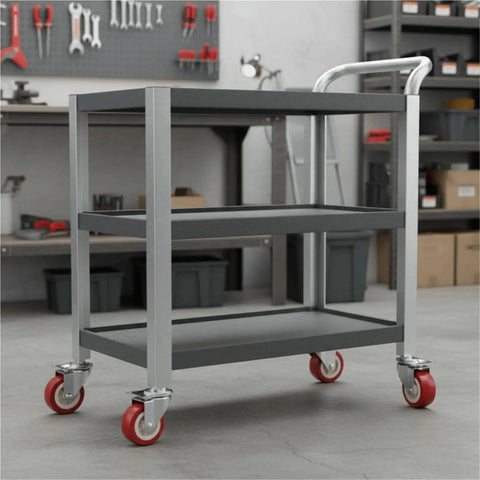 8 Piece One Point Five Inch Heavy Duty Furniture Caster Wheels With Smooth Rolling Pvc Rubber Tires And Secure Locking Brakes on a storage cart.
