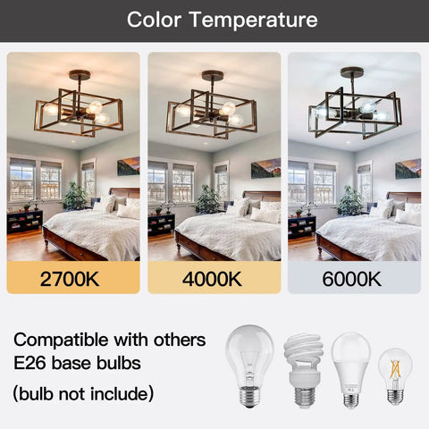 Bronze industrial flush mount chandelier in a bedroom showing color temperature options, fits E26 bulbs, 4 lights.