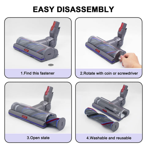 High Torque Brush Head Replacement For Dyson V11 V15 V10 V8 V7 Vacuums, easy disassembly steps shown with tools and reusable parts.