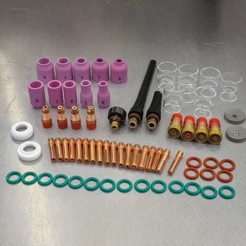Nishiyuenyi 71 Pc Industrial Tig Consumables Kit With Torch Nozzles Cups Collets Sealing Rings offering various torch nozzles and ceramic cups.