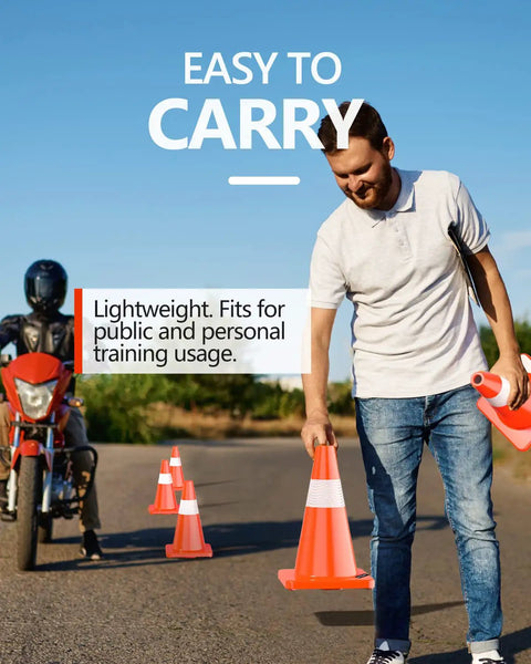 Man placing 6 Pack 18 Inch Traffic Safety Cones With Reflective Collars PVC Orange For Home Driveway Parking Durable Weighted Cone