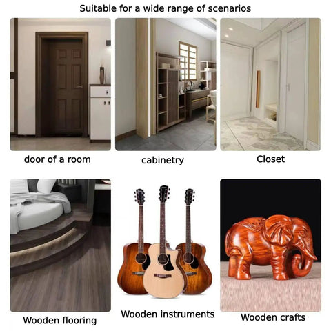 Image showing scenarios suitable for Walnut Wood Filler Putty 9.87 Oz, including doors, cabinetry, closets, flooring, instruments, crafts.