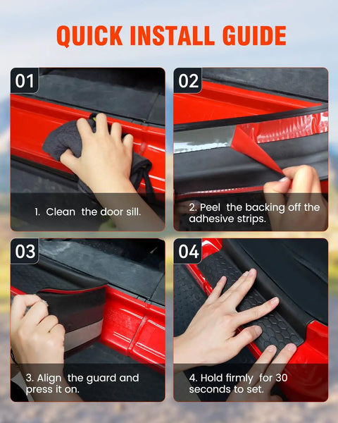 Quick install guide for Door Sill Guards Kit For 2018 To 2025 Jeep Wrangler JL JLU And Gladiator JT 4 Door Black Rubber Protectors