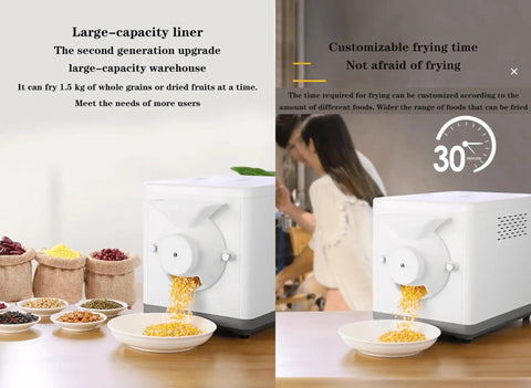 Electric Coffee And Nut Roaster Machine 1600 Watt Automatic Stirring Non Stick Pan Adjustable Temperature Timer For Beans Cashews Peanuts, large capacity design with grains being roasted.