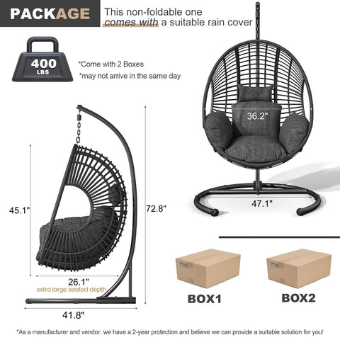 Dimensions and packaging of Oversized Hanging Egg Chair With Stand For Outdoor Patio Garden Balcony, Wicker Swing Chair With Cushions
