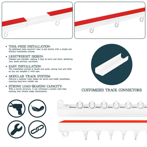 Stick On Curtain Track No Drill Install On Smooth Ceiling Or Wall Easy Peel And Stick Mount For Closets Windows Doors Frames Renters Friendly 1.44m 4.72ft All Purpose Multi Scenario Use, white plastic track with hooks