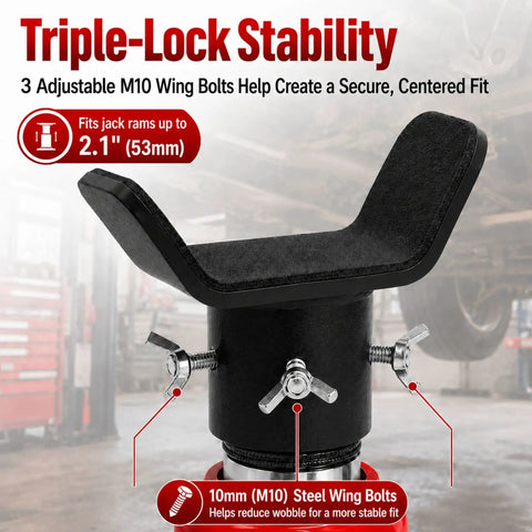 Close-up of a Bottle Jack Adapter With Triple Lock Fits Eight To Twenty Ton Jacks Up To Two Point One Inch Ram Diameter