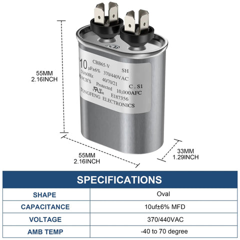 10 MFD 370 440 VAC round motor run capacitor for air conditioner condenser and heat pump systems replacement