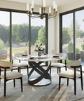 Modern 51 Inch Round Dining Table Slick Glossy White Sintered Stone Top Built Tough Black X Carbon Steel Base Lazy Susan in bright dining area