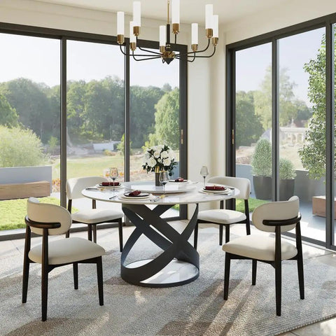 Modern 51 Inch Round Dining Table Slick Glossy White Sintered Stone Top Built Tough Black X Carbon Steel Base Lazy Susan in bright dining area