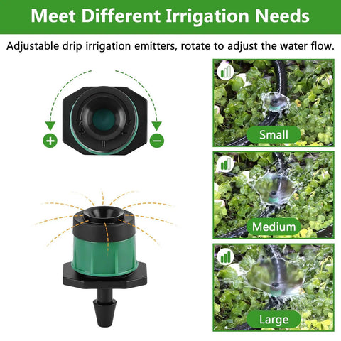 One Quarter Inch Adjustable Drip Emitter Set Of 100 For Garden Watering, Green sprayer with flow control settings and description