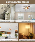Image showing common uses for 3 Way Wireless Light Switch And Receiver Kit With Decorator Rocker Wall Switch, 15 Amp, 100 Ft Range.