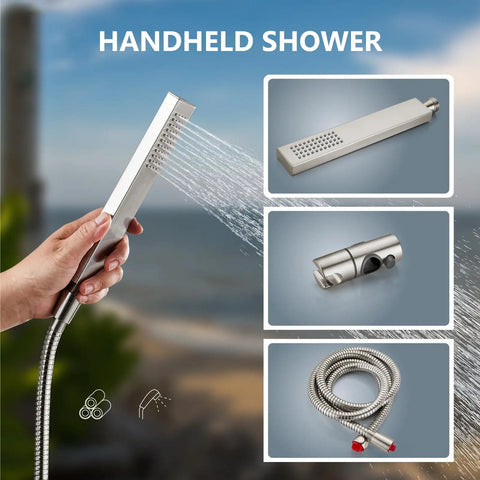 Handheld sprayer of Wall Mount Outdoor Shower Kit With Handheld Sprayer, brushed nickel finish, weatherproof performance