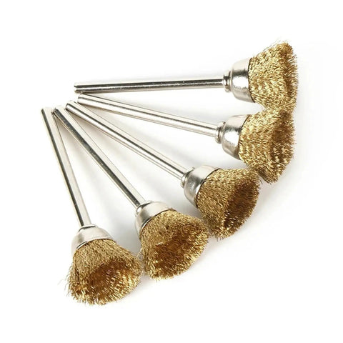 Heavy Duty Steel Wire Wheel Brushes That Totally Strip Rust Clean Welds And Deburr Metals Like A Badass Rotary Tool Accessory, 5 pack, gold wire.