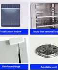Visualization window, multi-level removal bracket, reinforced hinge, and adjustable vent in Smart Digital Lab Blast Drying Oven.