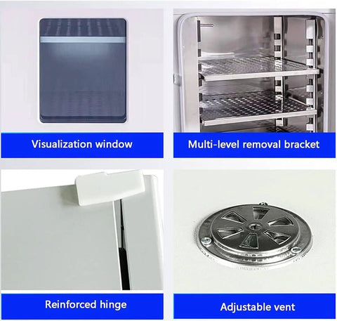 Visualization window, multi-level removal bracket, reinforced hinge, and adjustable vent in Smart Digital Lab Blast Drying Oven.
