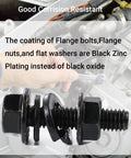 Dope Metric Flange Bolt And Nut Kit For Auto Work, M6x1.0 And M8x1.25, Black Zinc Plating, shown with hand in automotive setting.