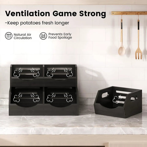 Ventilated 3 Tier Potato and Onion Organizer with Bamboo Pantry Bins Stackable Storage for Kitchen Pantry Countertop and Bathroom Keeps Veggies Fresh Longer Black on a kitchen countertop.