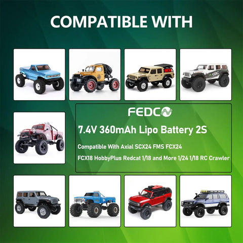 Image showing various RC models compatible with 7.4V 360mAh LiPo RC Battery Pack With JST MJ PH2.0 MX2.0 Discharge Plug For SCX24 And WLtoys