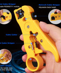 Yellow coax cable stripper tool with adjustable blade, shown in hand, highlights features for RG59/RG6/RG11 cable installations.