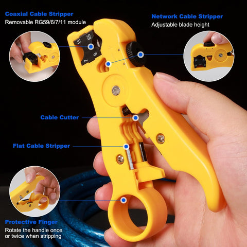 Yellow coax cable stripper tool with adjustable blade, shown in hand, highlights features for RG59/RG6/RG11 cable installations.
