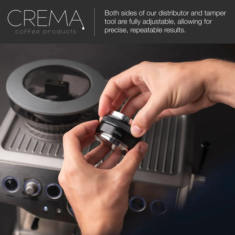 Hands holding 53.3mm Coffee Distributor And Hand Tamper For Breville Portafilters with adjustable depth over espresso machine.