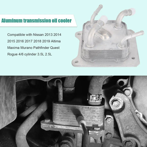CVT Transmission Oil Cooler With O Rings For Nissan Altima Maxima Murano Pathfinder Quest Rogue 2.5L And 3.5L Engines Direct Replacement Aluminum Upgrade To Stay Cool And Keep Gears Safe shown installed.