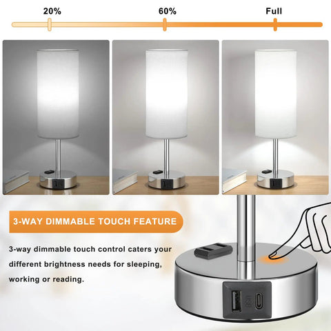 Set Of 2 Touch Lamps For Bedrooms With 3 Way Dimming, USB C Ports And Outlets, modern nightstand lamps showing dimming feature