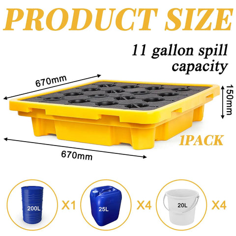 Shop Ready Heavy Duty Spill Containment Platform With Drain And Non Slip Large Plastic Tray, 43 Liter capacity, side view