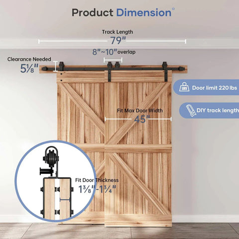 Bypass Double Sliding Barn Door Hardware Kit 6.6ft Track For Double 45 Wide Doors Smooth Quiet Ball Bearing Rollers Aluminum Alloy