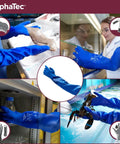 Heavy Duty Elbow Length Pvc Work Gloves With Rough Nonskid Grip Built For The Daily Grind Handles Grease And Slippery Locations Medium Blue Single Pair in use with seafood and lab equipment.