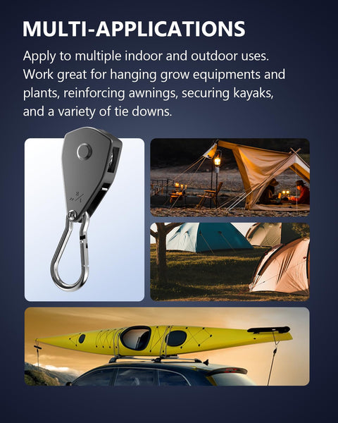 Beefy Heavy Duty Retractable Ratchet Tie Down Straps 4 Pack 8 Ft Each 75 Lb Capacity Per Strap With Carabiner Hooks for tents and kayaks.