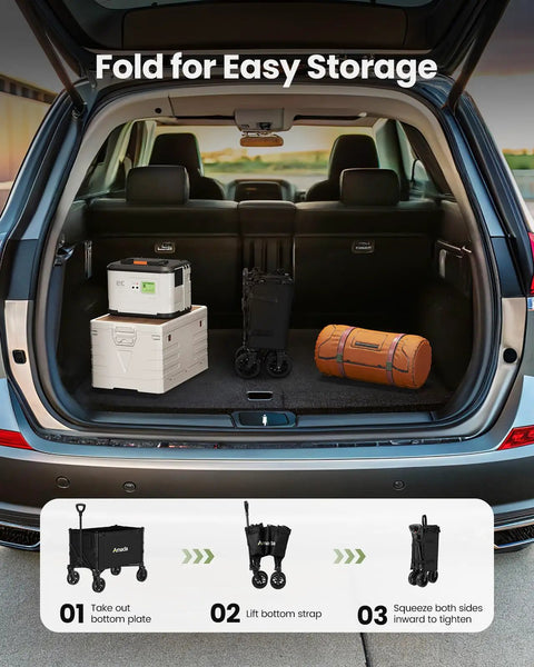Heavy Duty Foldable Wagon Cart With Wheels, 120L Capacity, 220 Lbs Load in car trunk, folded for storage