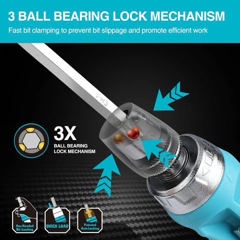 Ratcheting Screwdriver Set For Quick Fixes, 12-In-One Standard And Stubby Duo With Quick-Load Bits, showing 3x ball bearing lock