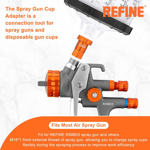 Heavy Duty M16x1.5 Thread Spray Gun Cup Adapter Smooth Gravity Feed Paint Sprayer Fitting 16mm Female with REFINE branding.