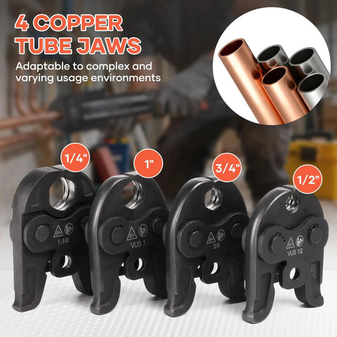4 copper tube jaws for Straight Up Knockout Cordless Pro Press Copper Crimper Tool, sizes 1/4", 1", 3/4", 1/2" for versatile use.