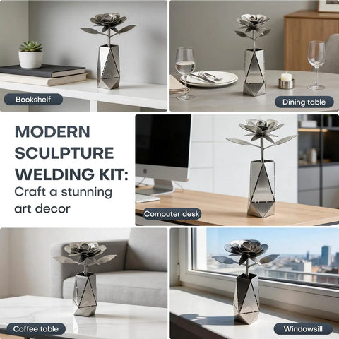 3D Rose And Vase Welding Practice Kit For Beginners DIY In 201 Stainless Steel on display in various home settings