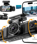 Four Channel Dash Cam with 360 Degree View and 1080P Front, Rear, Interior and Side Cameras for Cars, displayed with smartphone app.