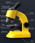 Illustration of yellow Kids Microscope Kit With LED 40X-1200X Magnification, labeled parts for home and classroom science learning.