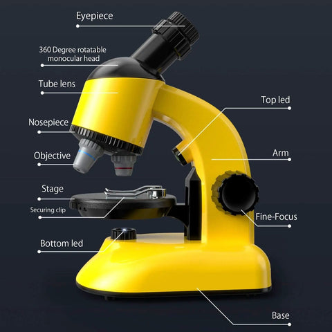 Illustration of yellow Kids Microscope Kit With LED 40X-1200X Magnification, labeled parts for home and classroom science learning.