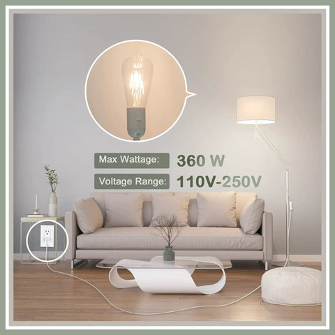 Living room with lit lamp connected to 12 Foot Pendant Lighting Cord With On Off Switch For E26 E27 Socket Plug In, UL listed.