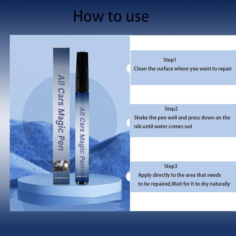 Effortless Car Scratch Repair Pen Set For All Colors with instructions on cleaning, shaking, and applying for quick fix