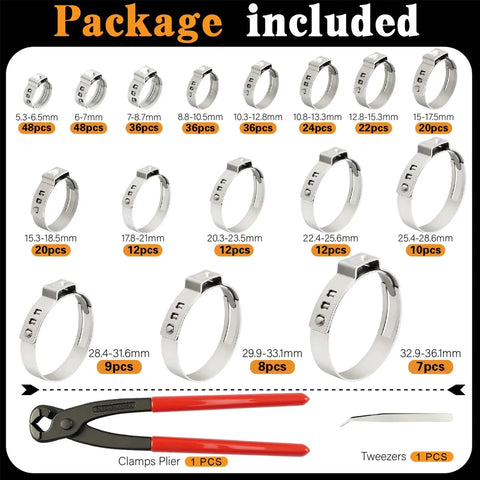 360 Piece Ear Hose Clamp Kit With Stepless 5.3 To 36.1mm Range, 304 Stainless Steel Cinch Rings, Pliers, And Portable Toolbox