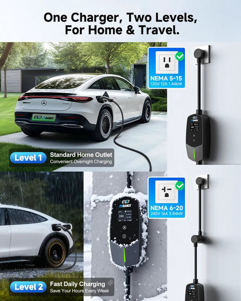 Portable Level 1 and 2 EV Charger With 25ft Cable, 16A, 110-240V, Adjustable Current in use with two electric vehicles