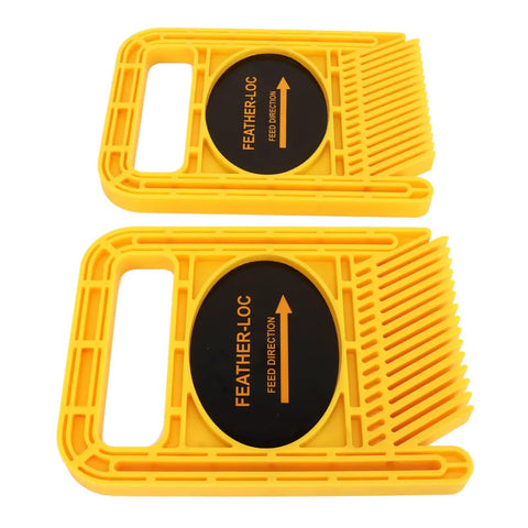 2 Pack Bulletproof Grip Adjustable Featherboard For Table Saw And Router Table Workpiece Safety Guide With Split Rail Wedge Lock And Heavy Duty Polymer Build For Pro Woodworking Rigs Yellow, showing two featherboards with handles.