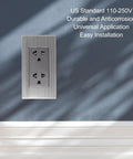 Heavy Duty Stainless Steel Wall Outlet Featuring A Fireproof Electrical Receptacle That Is Totally Badass And Built To Resist Corrosion While Delivering Rock Solid Connections In Each 10 Pack Box mounted on blue wall.
