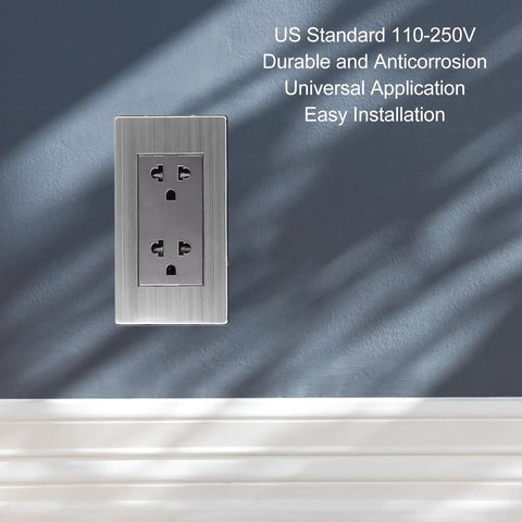 Heavy Duty Stainless Steel Wall Outlet Featuring A Fireproof Electrical Receptacle That Is Totally Badass And Built To Resist Corrosion While Delivering Rock Solid Connections In Each 10 Pack Box mounted on blue wall.