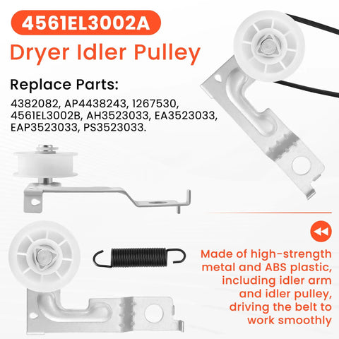 Dryer Repair Kit With Drum Roller Belt And Idler Pulley Replacement Parts For 4561EL3002A showing idler pulley details